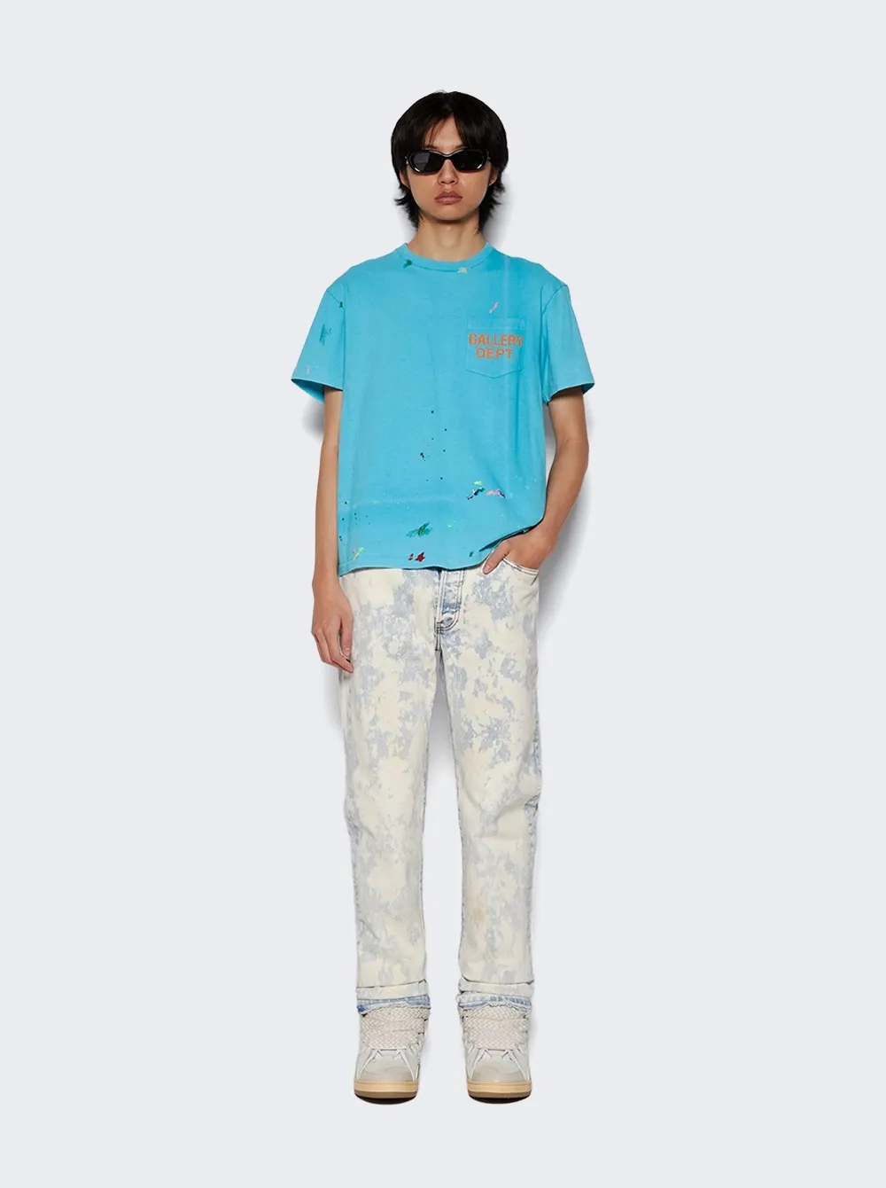GALLERY DEPT. VINTAGE LOGO PAINTED TEE/Turquoise washed and distressed VINTAGE LOGO retro English pocket short sleeves lake blue S-XL ready-to-wear dyeing, hand-sewn and smeared with horseradish and fried with salt, very heavy industry, manufacturing dark and light fading technology, hand-splashed ink graffiti, genuine acrylic material